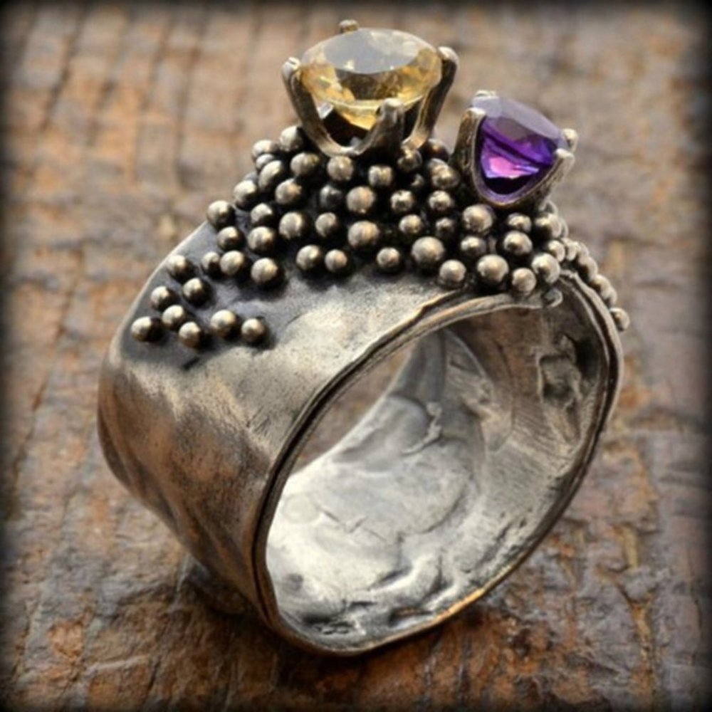 Fashion Ring...Two Glass stones..Yellow and purple or blue Sz 9